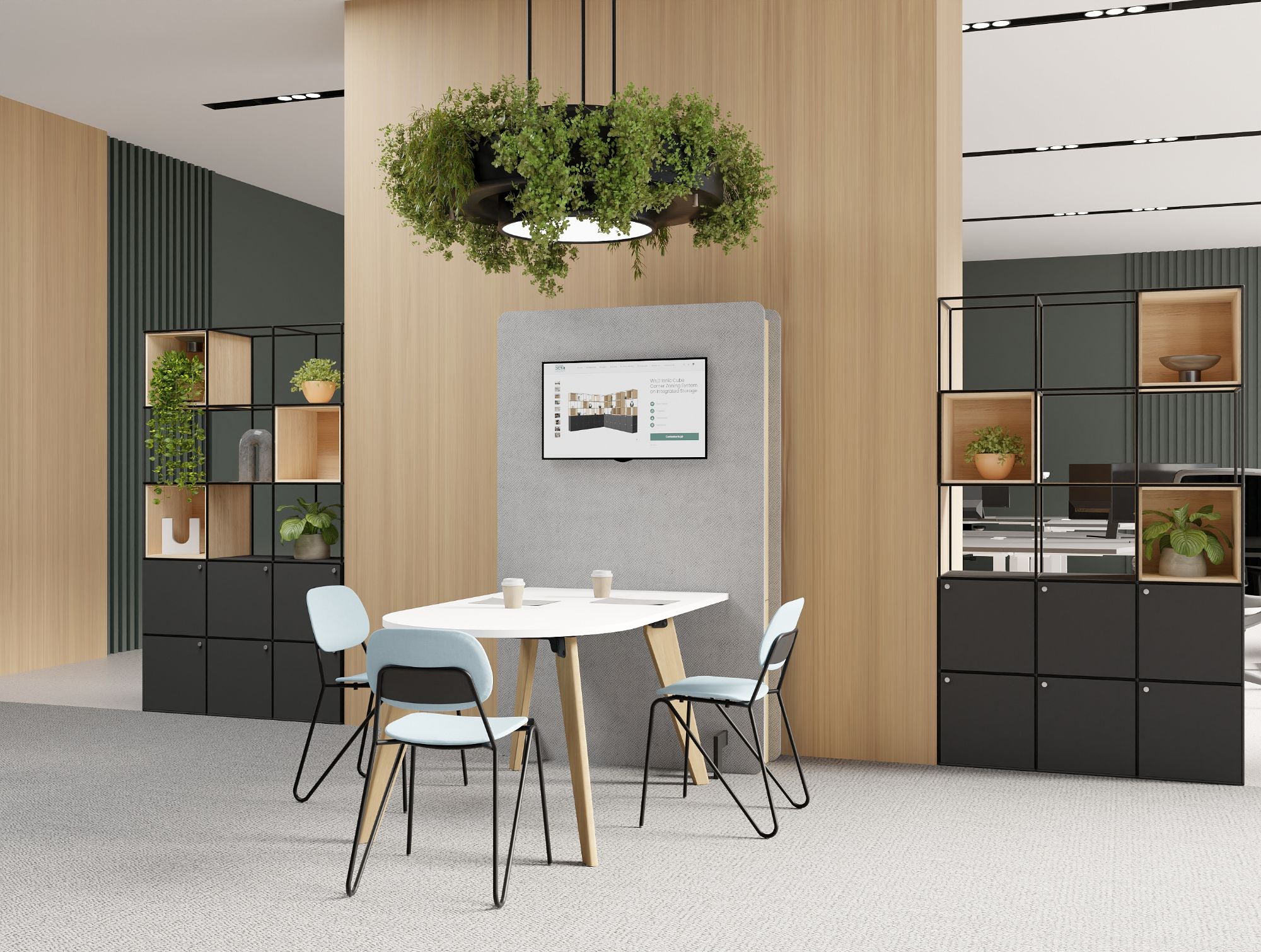 Ws.D Confer Upholstered Media Wall with Nexis Media Table