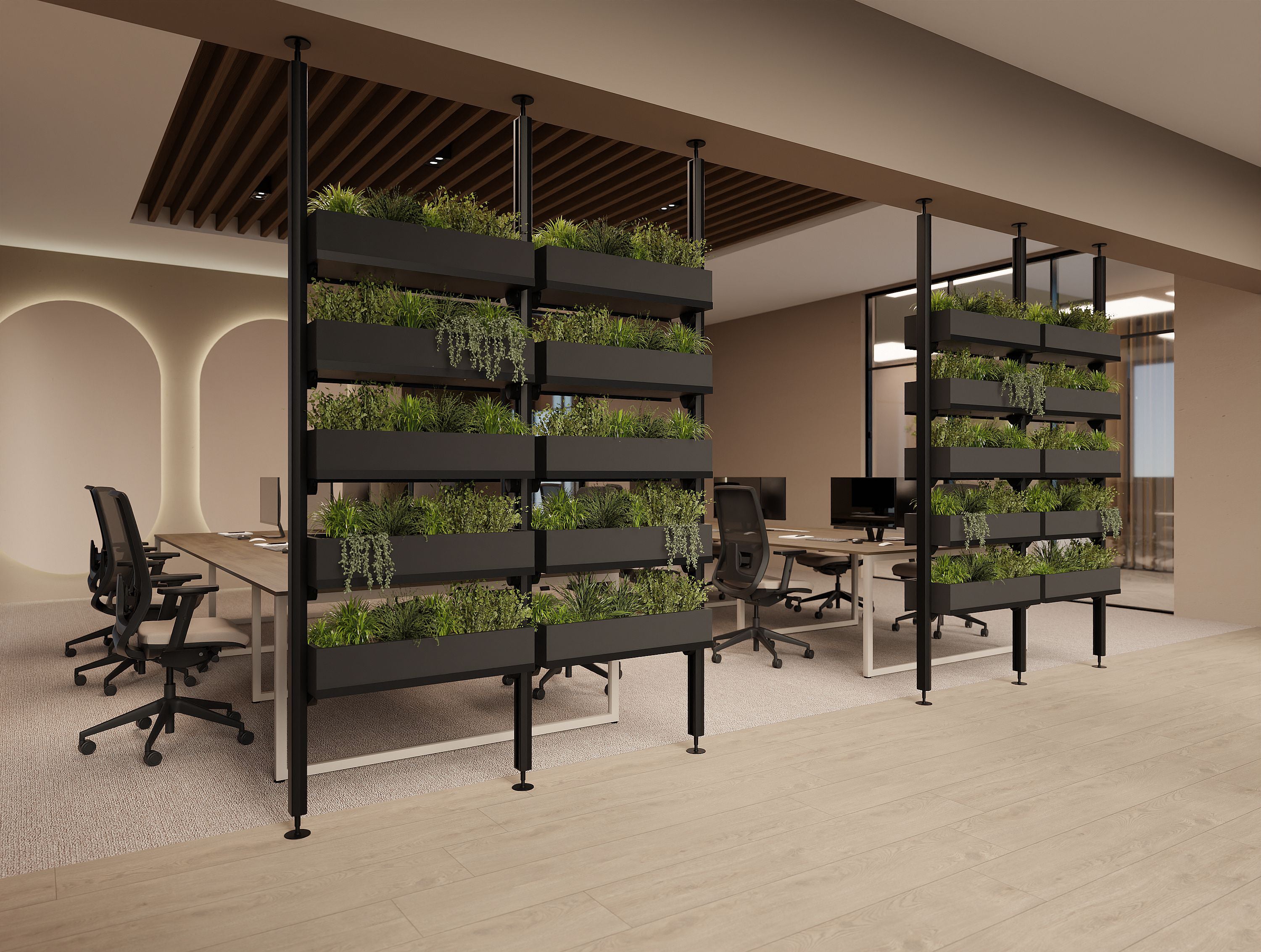 Ws.D Decora Modular Zoning System with Moss Wall Panels and Planters