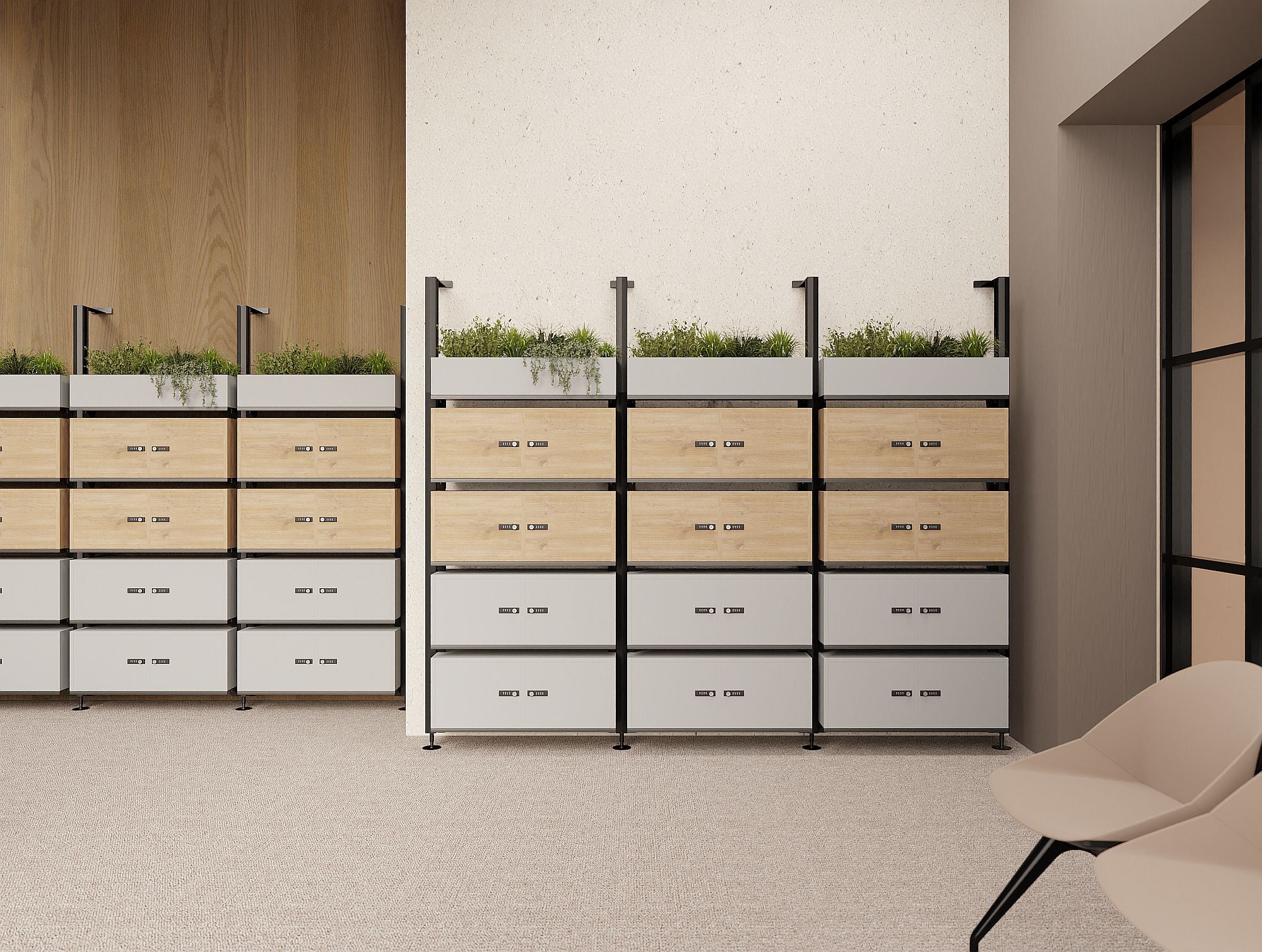 Ws.D Decora Modular Zoning System with Moss Wall Panels and Planters
