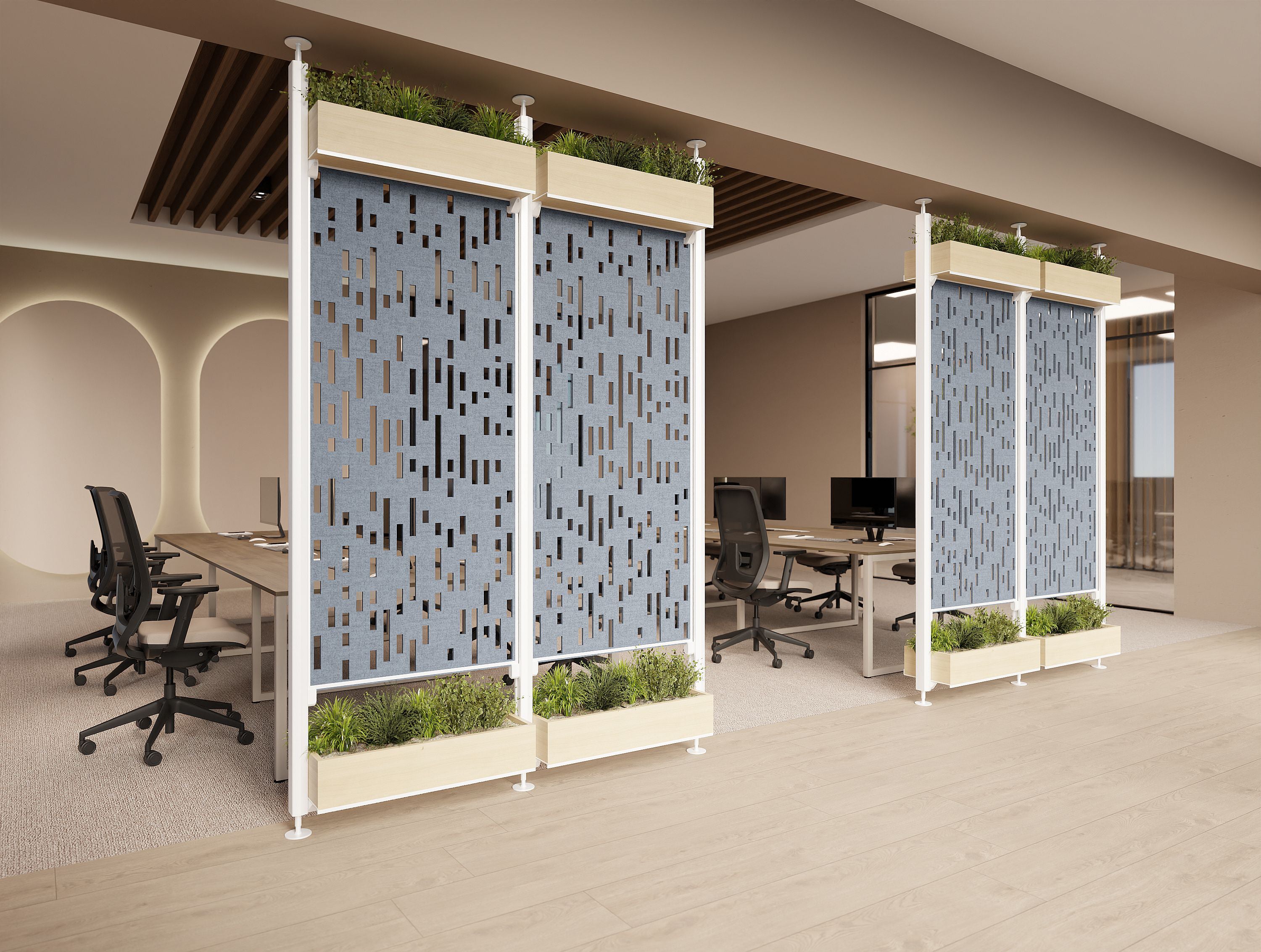 Ws.D Decora Modular Zoning System with Moss Wall Panels and Planters