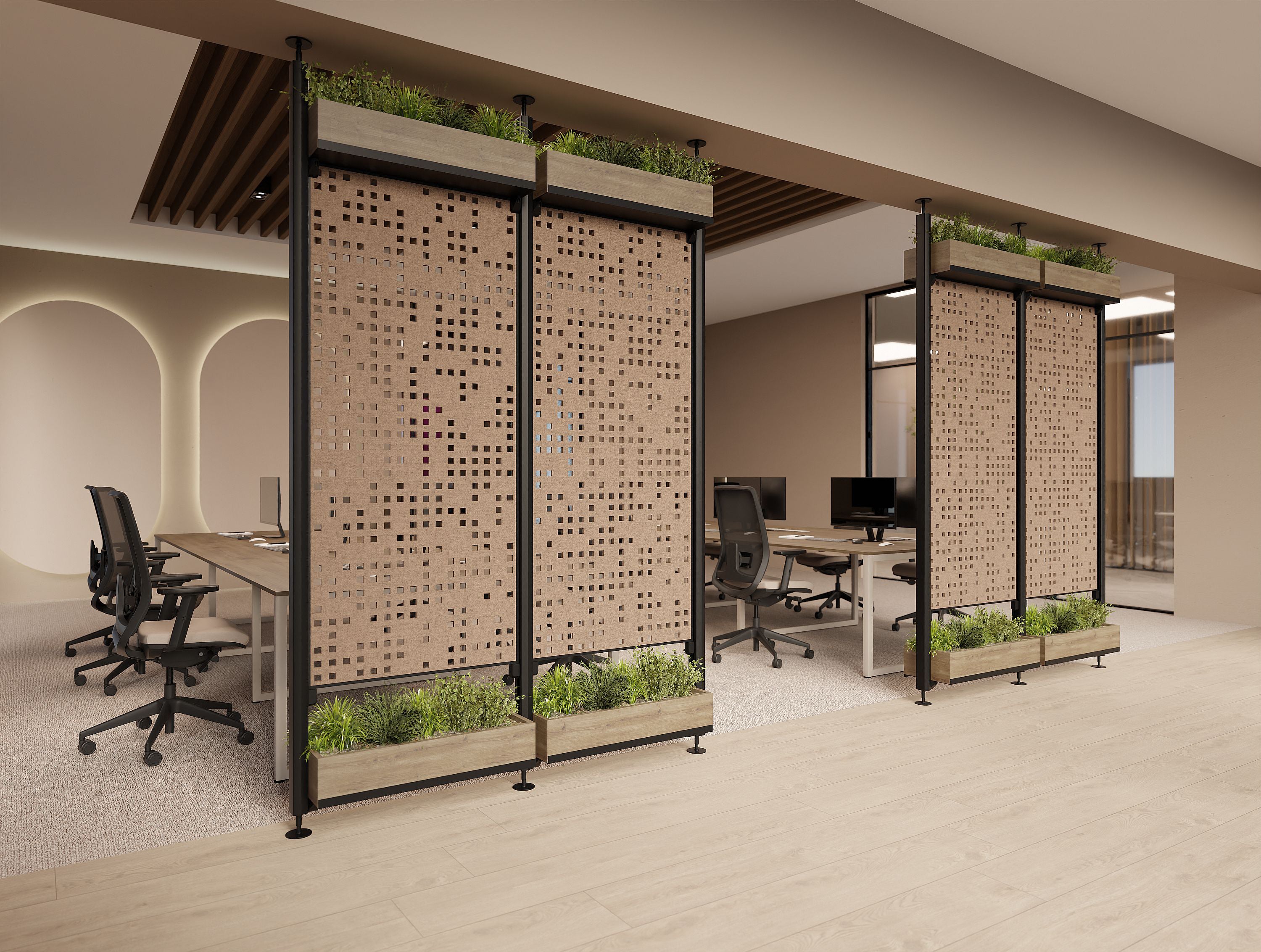 Ws.D Decora Modular Zoning System with Moss Wall Panels and Planters