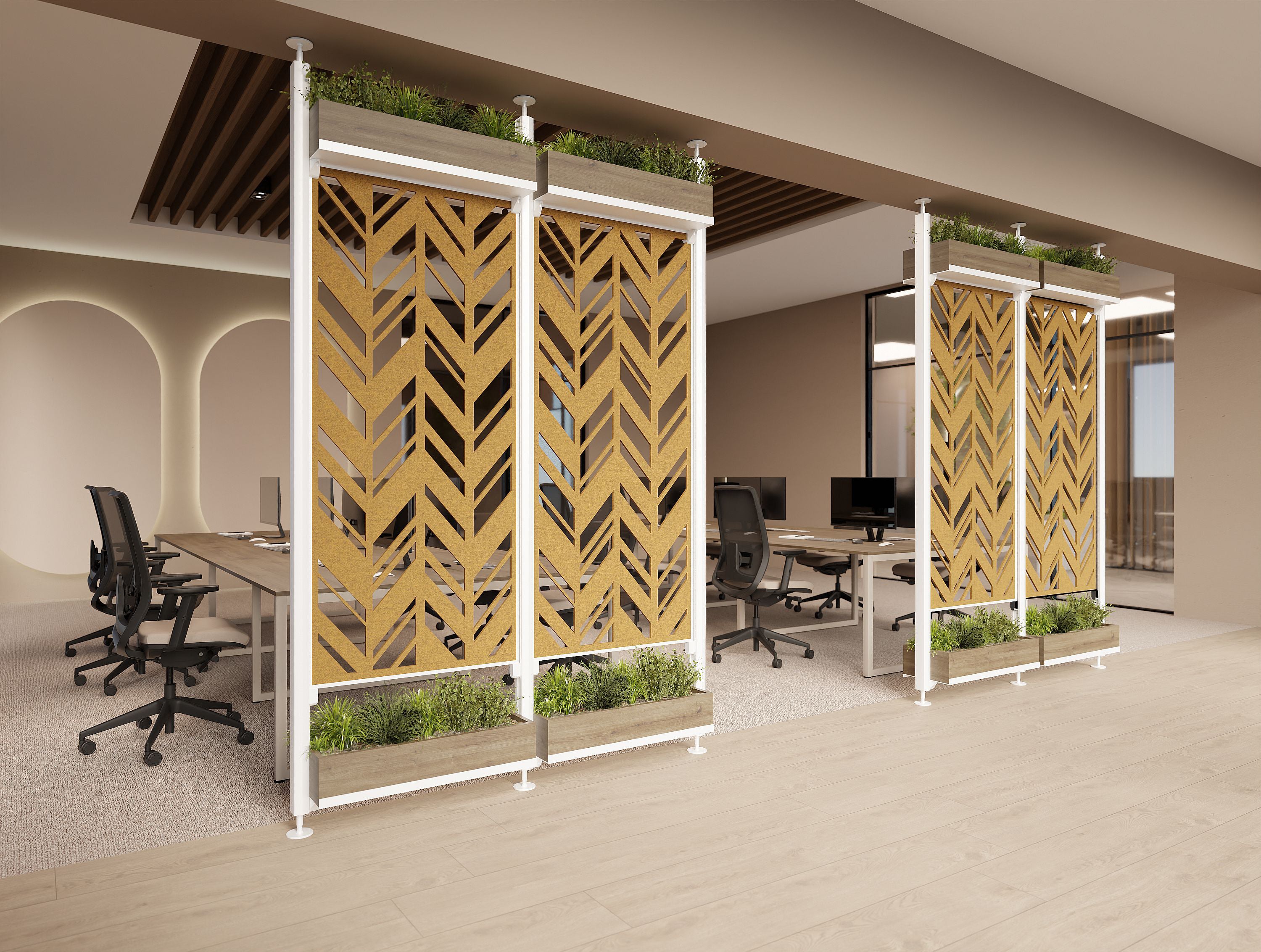 Ws.D Decora Modular Zoning System with Moss Wall Panels and Planters