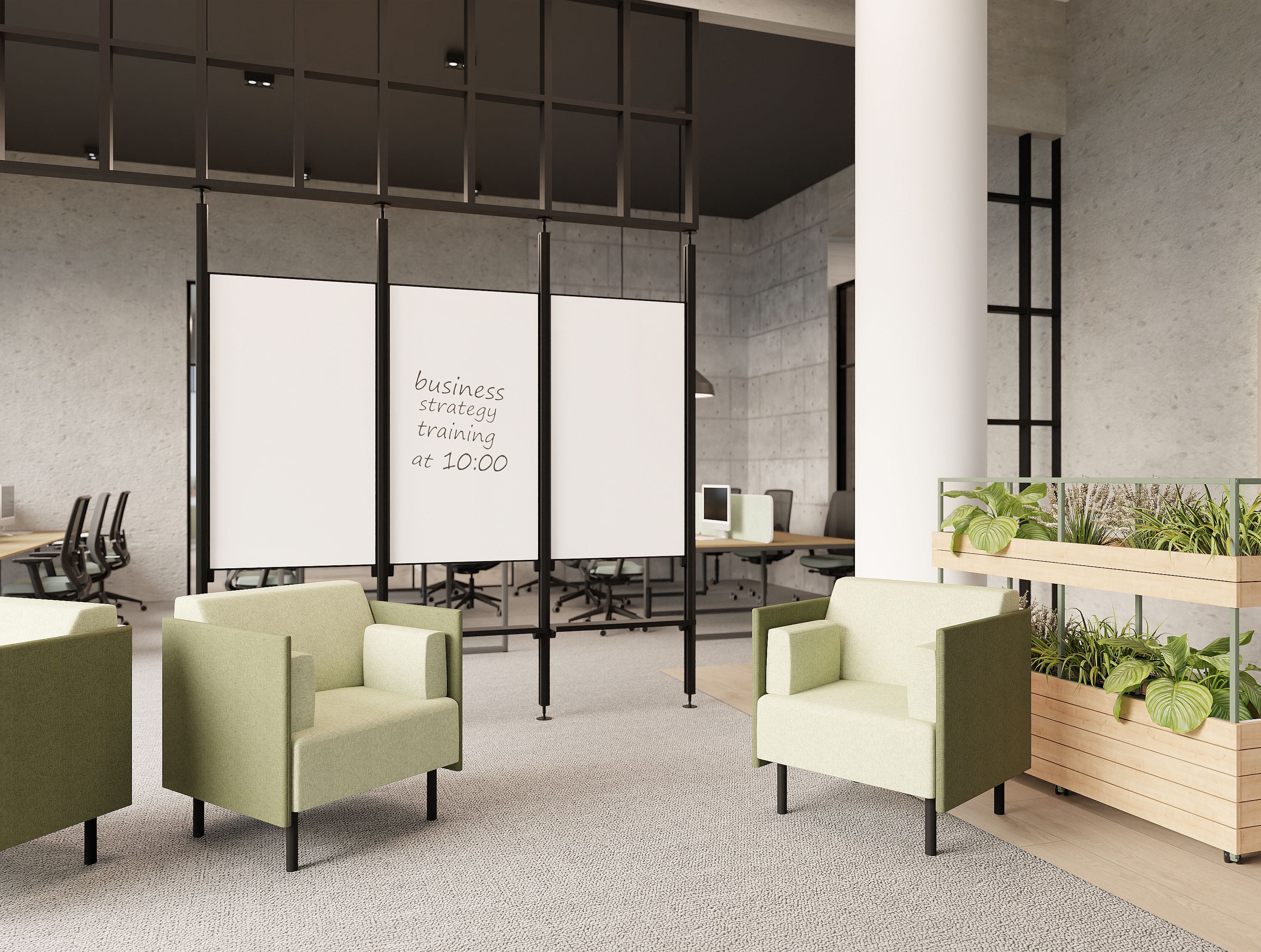 Ws.D Decora Modular Zoning System with Moss Wall Panels and Planters