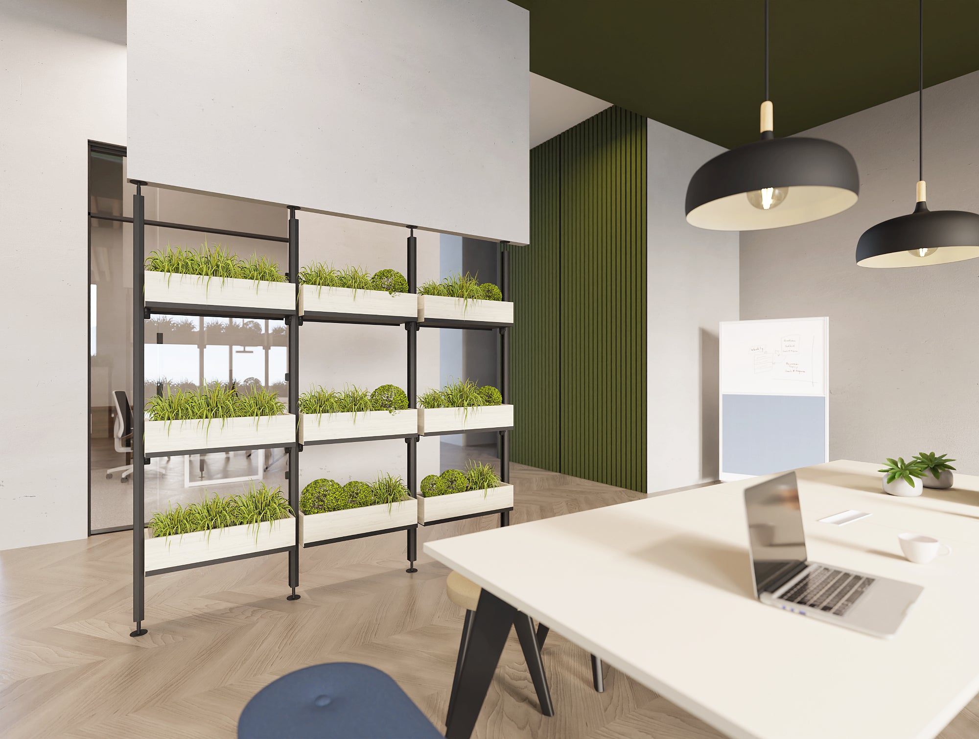 Ws.D Decora Modular Zoning System with Moss Wall Panels and Planters