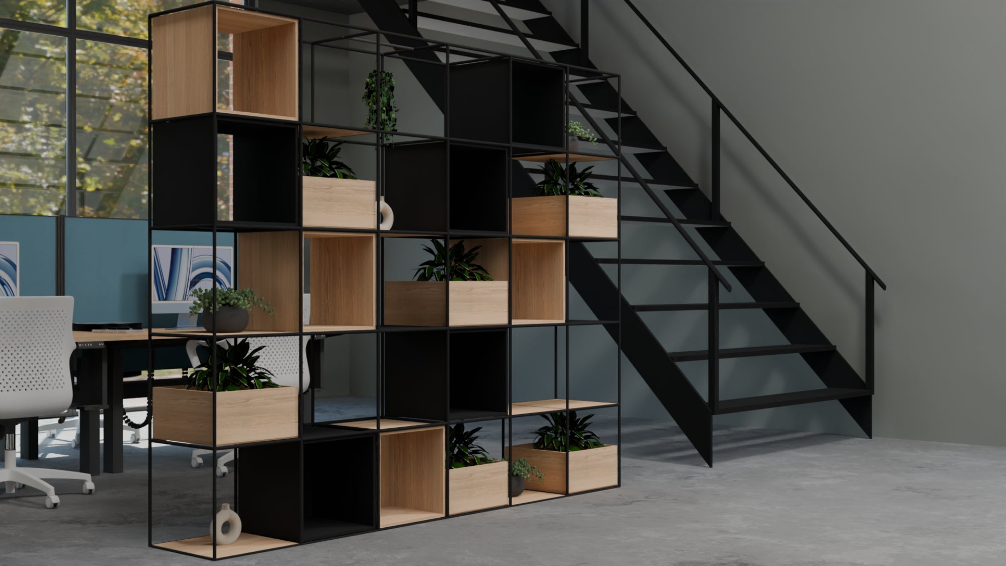 Ws.D Ionic Credenza with Double Grid Unit Storage and Planter
