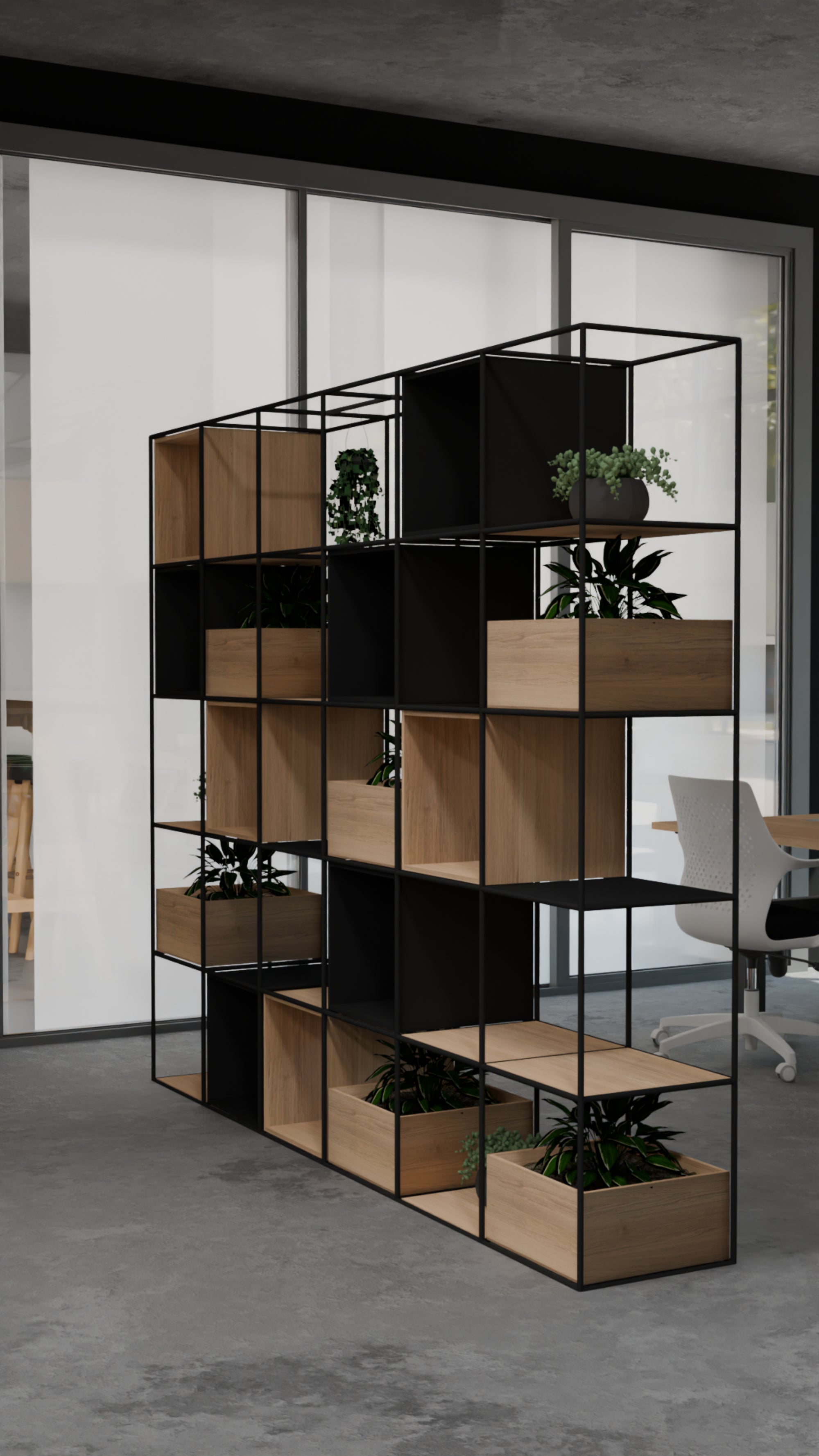 Ws.D Ionic Credenza with Double Grid Unit Storage and Planter