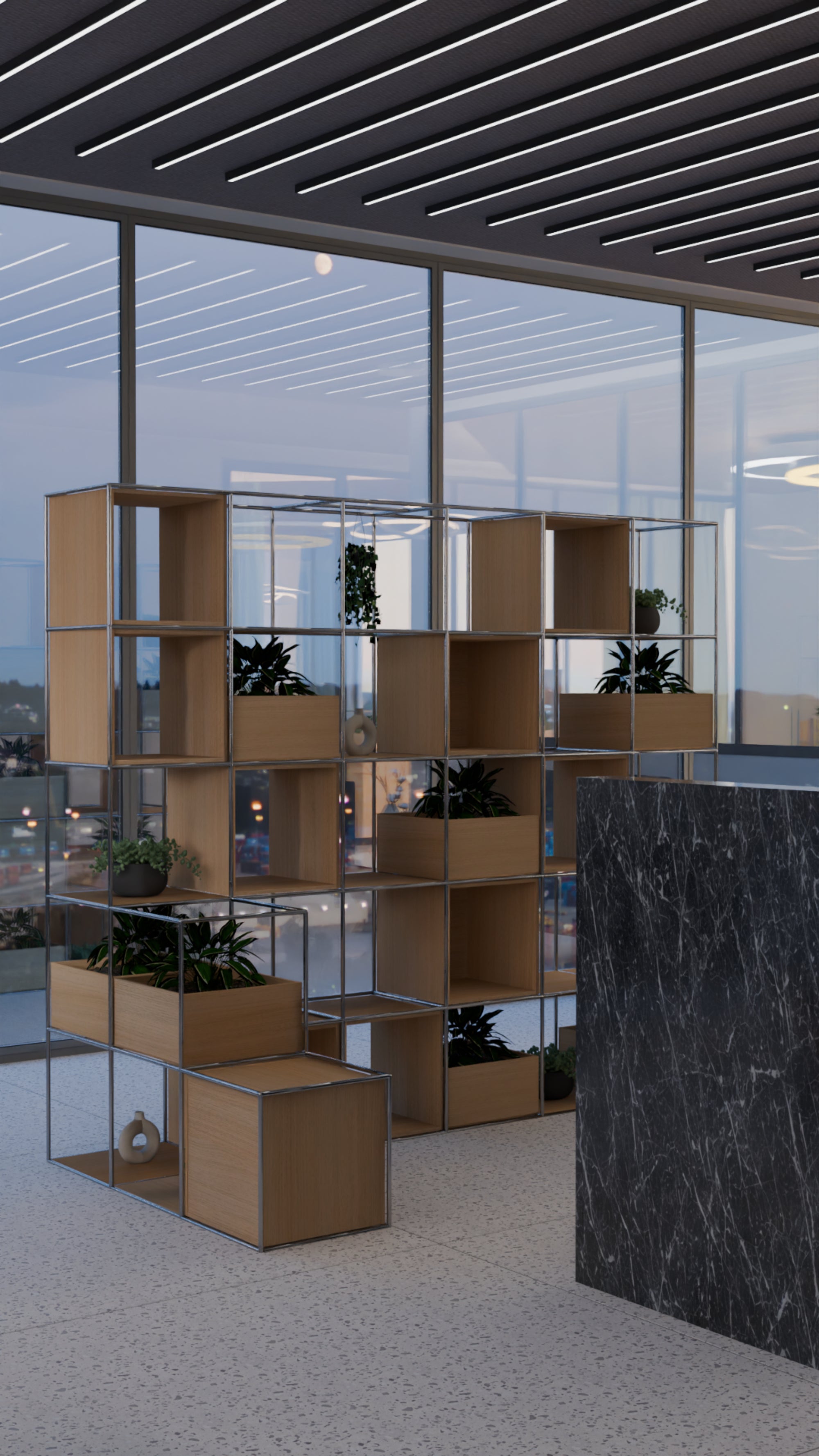 Ws.D Ionic Credenza with Double Grid Unit Storage and Planter