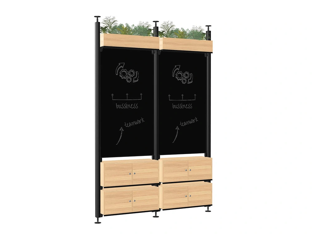 Ws.D Decora Modular End-Of-Desk Glassboard with Lockers and Planters