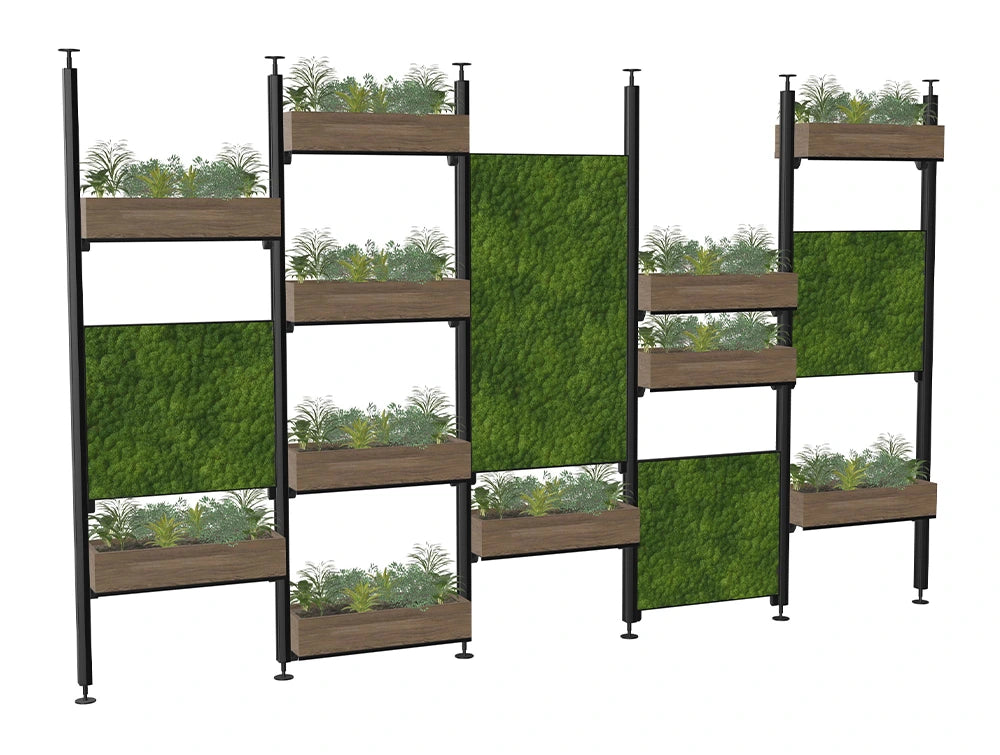 Ws.D Iris Modular Zoning System with Moss Wall Panels and Planters